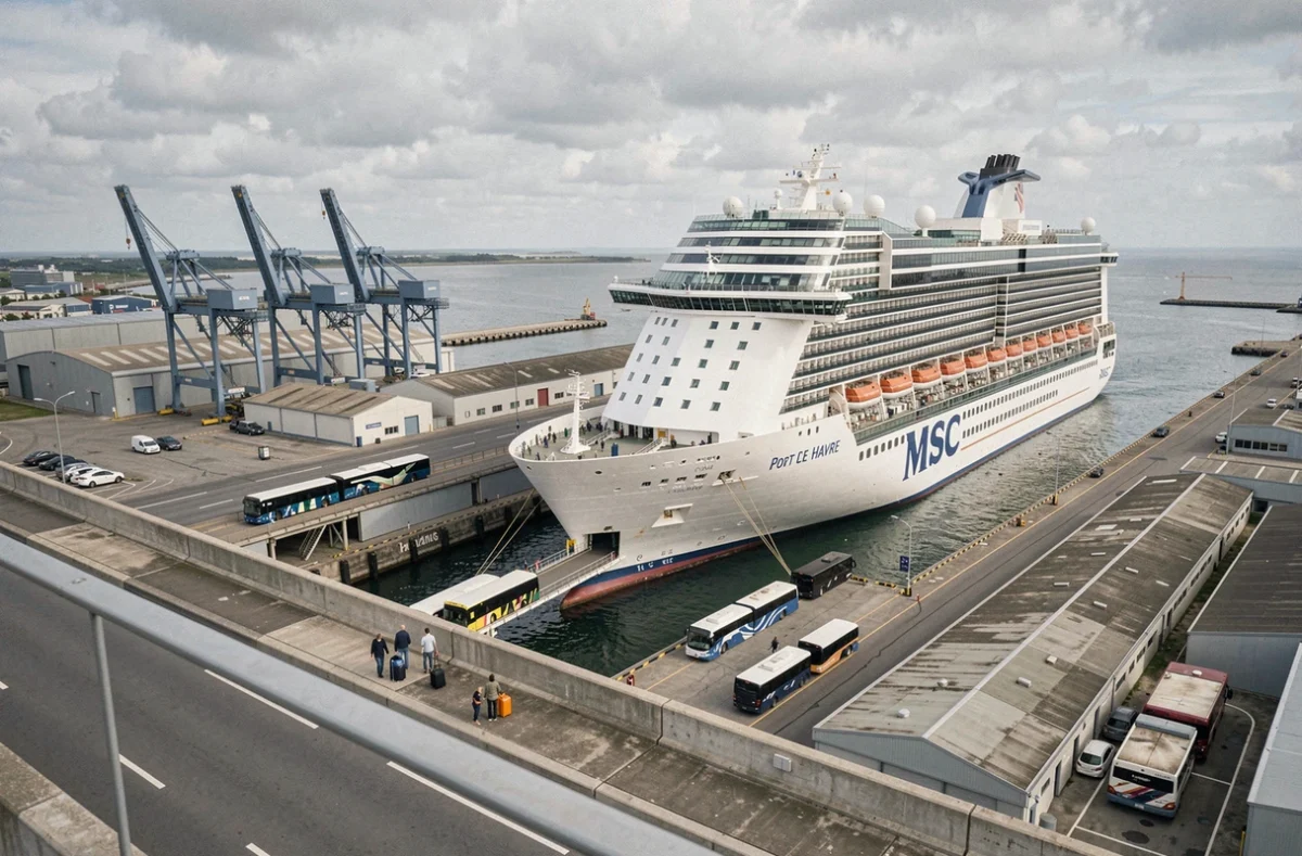 Vue panoramique du port du Havre avec un paquebot MSC amarré au terminal de croisière